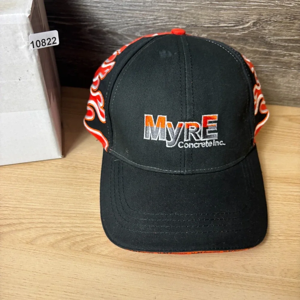 MYRE Concrete Inc Hat Cap Strap Back Black Orange Flames